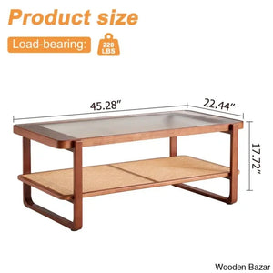 Mittal Sled Glass Top Wood Frame Rattan Coffee And Center Table With Shelf