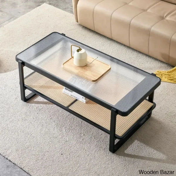 Mittal Sled Glass Top Wood Frame Rattan Coffee And Center Table With Shelf