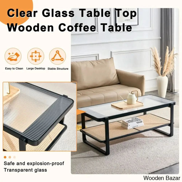 Mittal Sled Glass Top Wood Frame Rattan Coffee And Center Table With Shelf