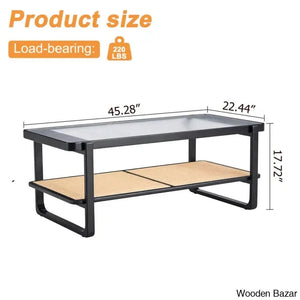 Mittal Sled Glass Top Wood Frame Rattan Coffee And Center Table With Shelf