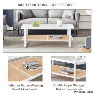 Mittal Sled Glass Top Wood Frame Rattan Coffee And Center Table With Shelf