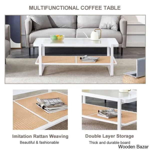 Mittal Sled Glass Top Wood Frame Rattan Coffee And Center Table With Shelf