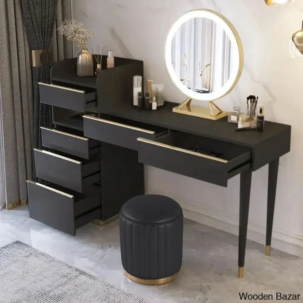 Modern Black Makeup Vanity Set Dressing Table With Lighted Mirror Cabinet & Stool