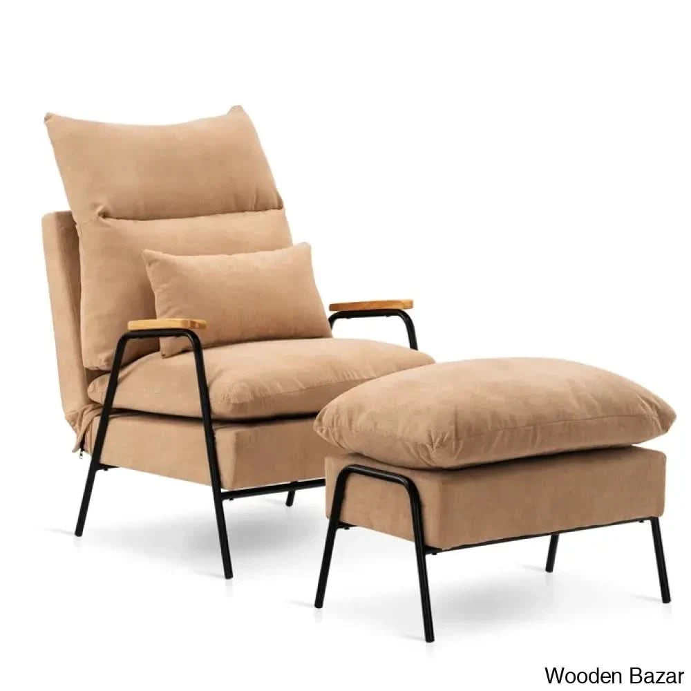 Modern Linen Accent Recliner With Ottoman | Adjustable Backrest And Pillow Armchair Beige