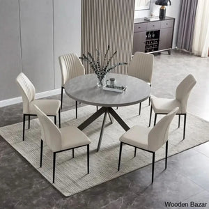 Modern Round Dining Table Set | Space-Saving Leisure Coffee With 6 Chairs Beige