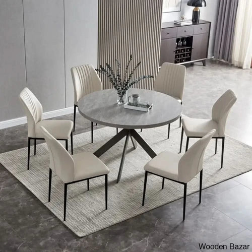 Modern Round Dining Table Set | Space-Saving Leisure Coffee With 6 Chairs Beige