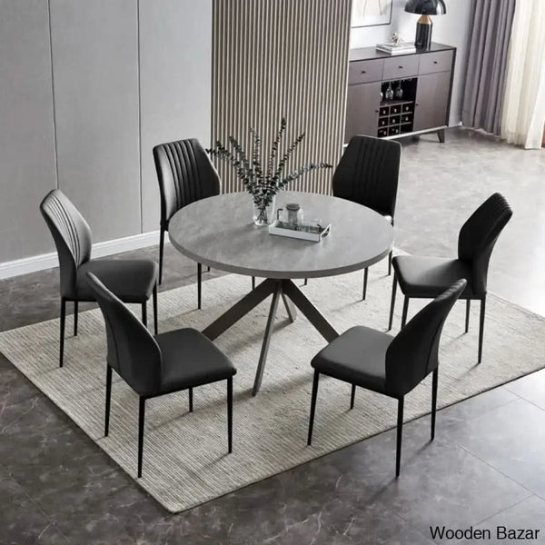 Modern Round Dining Table Set | Space-Saving Leisure Coffee With 6 Chairs Black