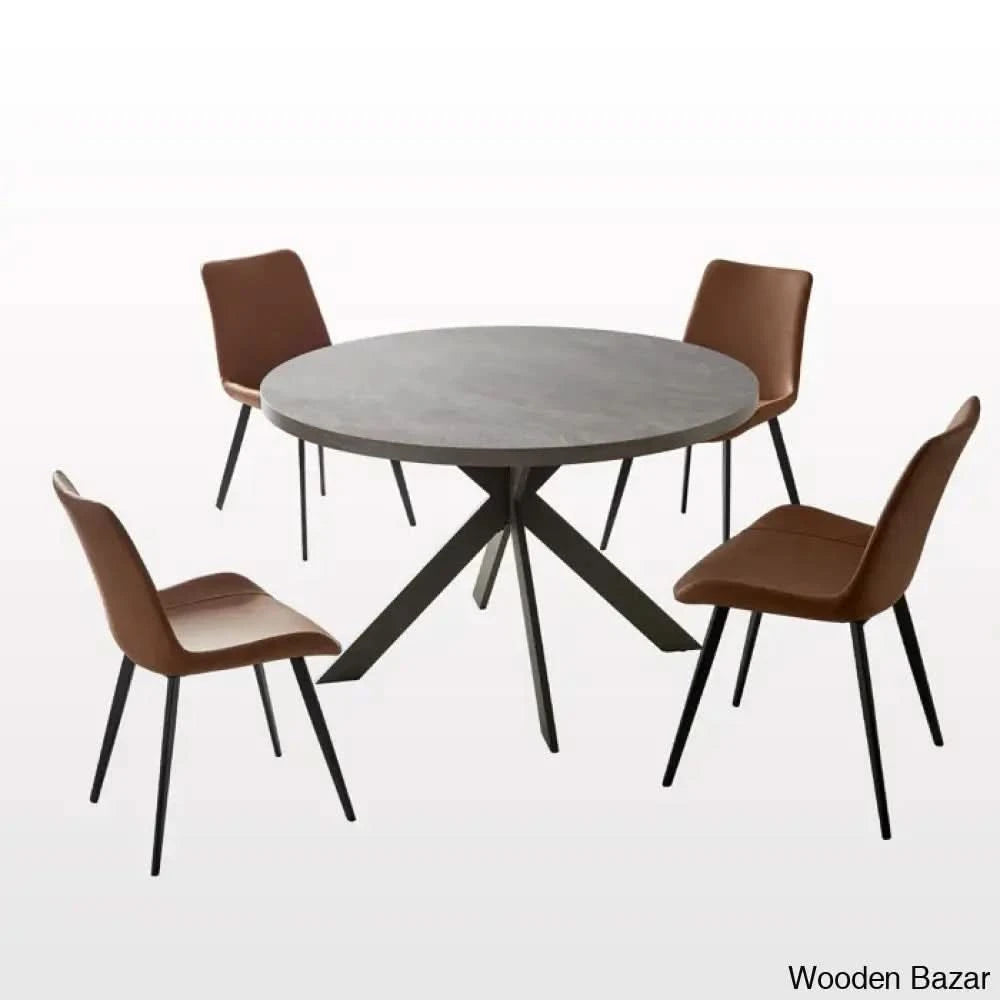 Modern Round Dining Table Set With Steel Legs – Stylish Kitchen For 4 Brown