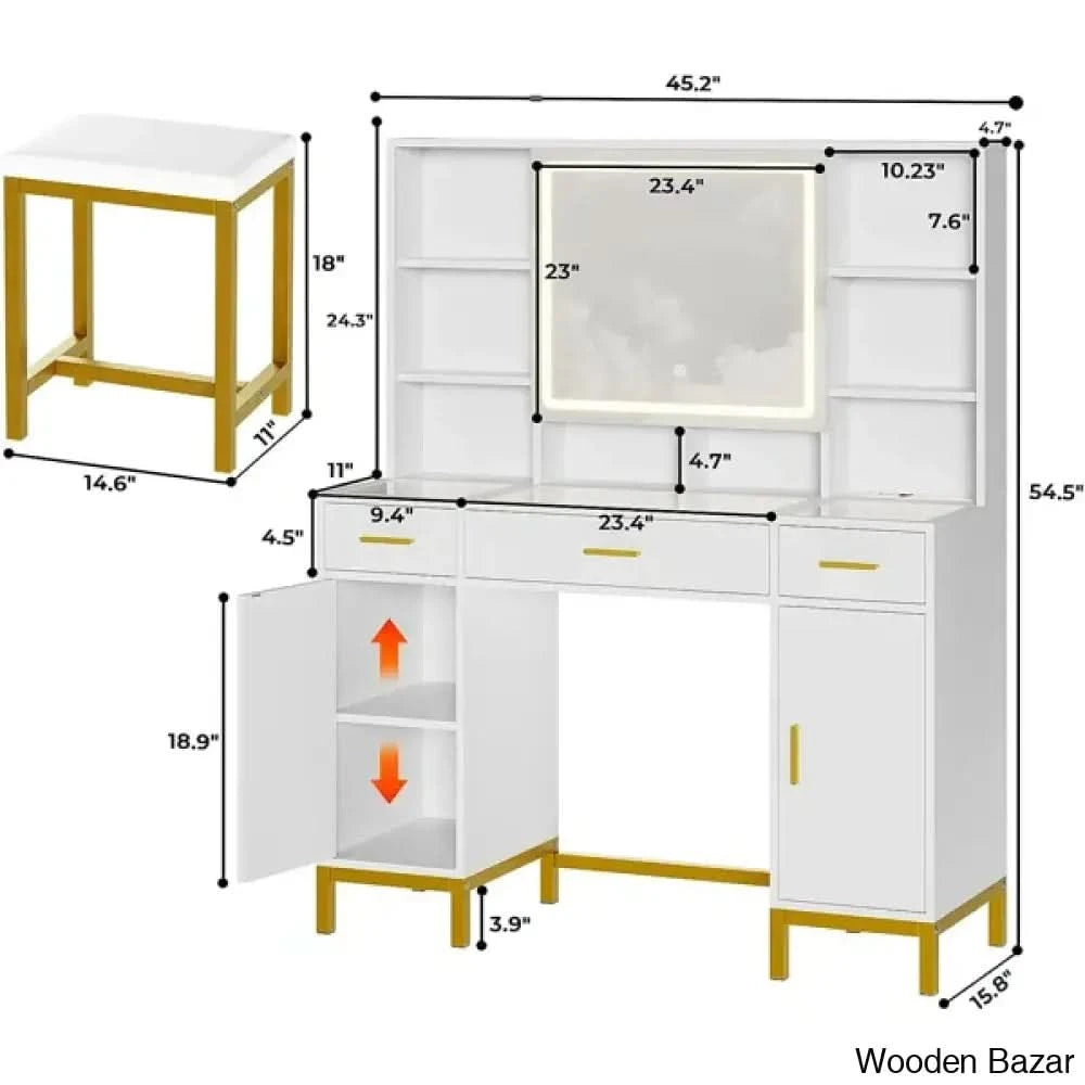 Morehart Vanity Dressing Table With Lighted Mirror And Stool