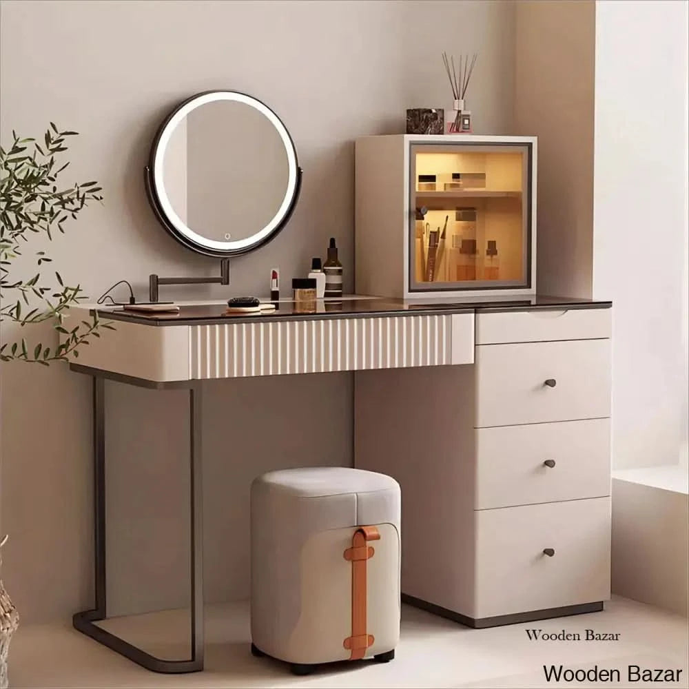 light brown dressing table Modern Walnut Makeup Vanity with Light Dressing Table with Jewelry Storage & CabinetHomary