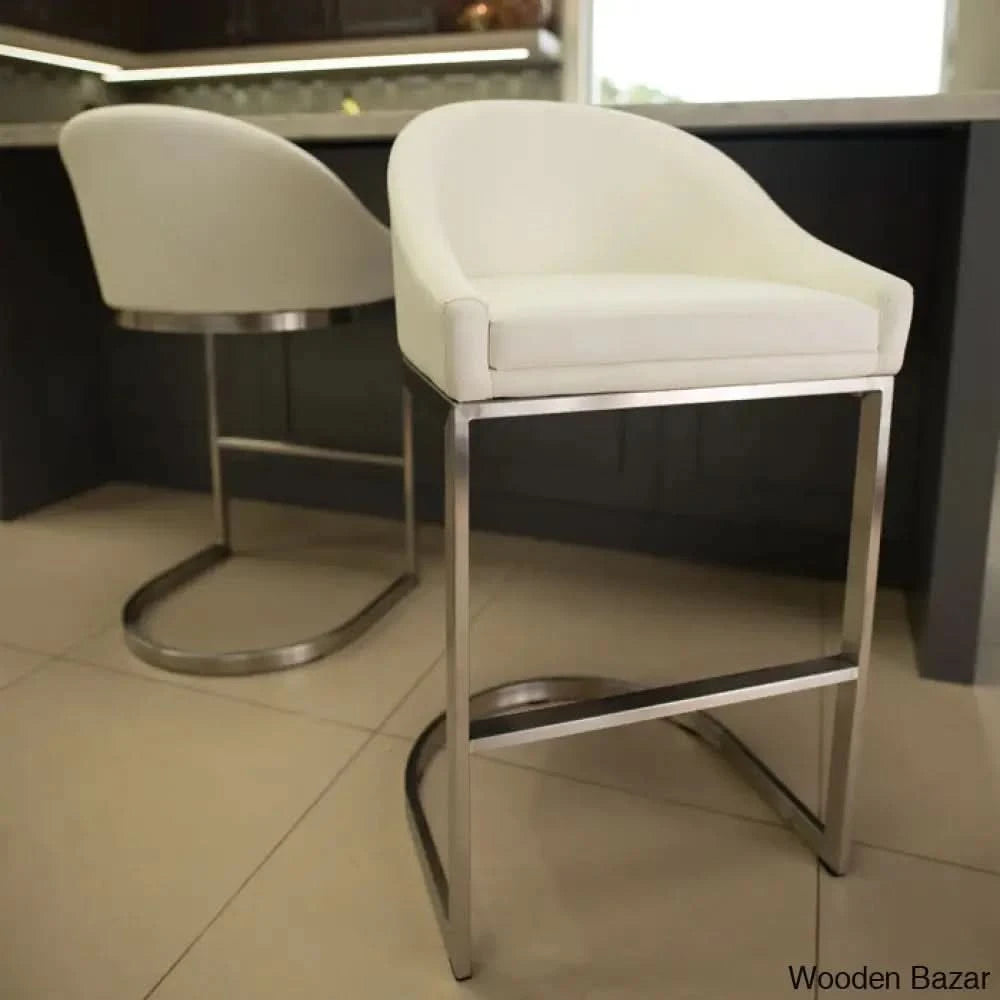 Otusa Swivel 26’’ Counter Height Brushed Stainless Steel And Bar Stool White Faux Leather