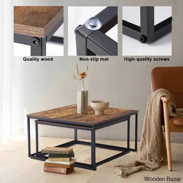 Pikka Coffee And Center Tables 2 Piece Set Square Nesting Table For Living Room Rustic Brown Black