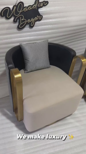 Wooden Bazar Barrel swivel Arm chair with golden handle and gold rotating plate
