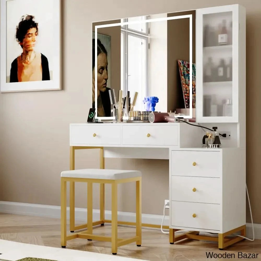 Quinnel Vanity Dressing Table With Lighted Mirror And Stool
