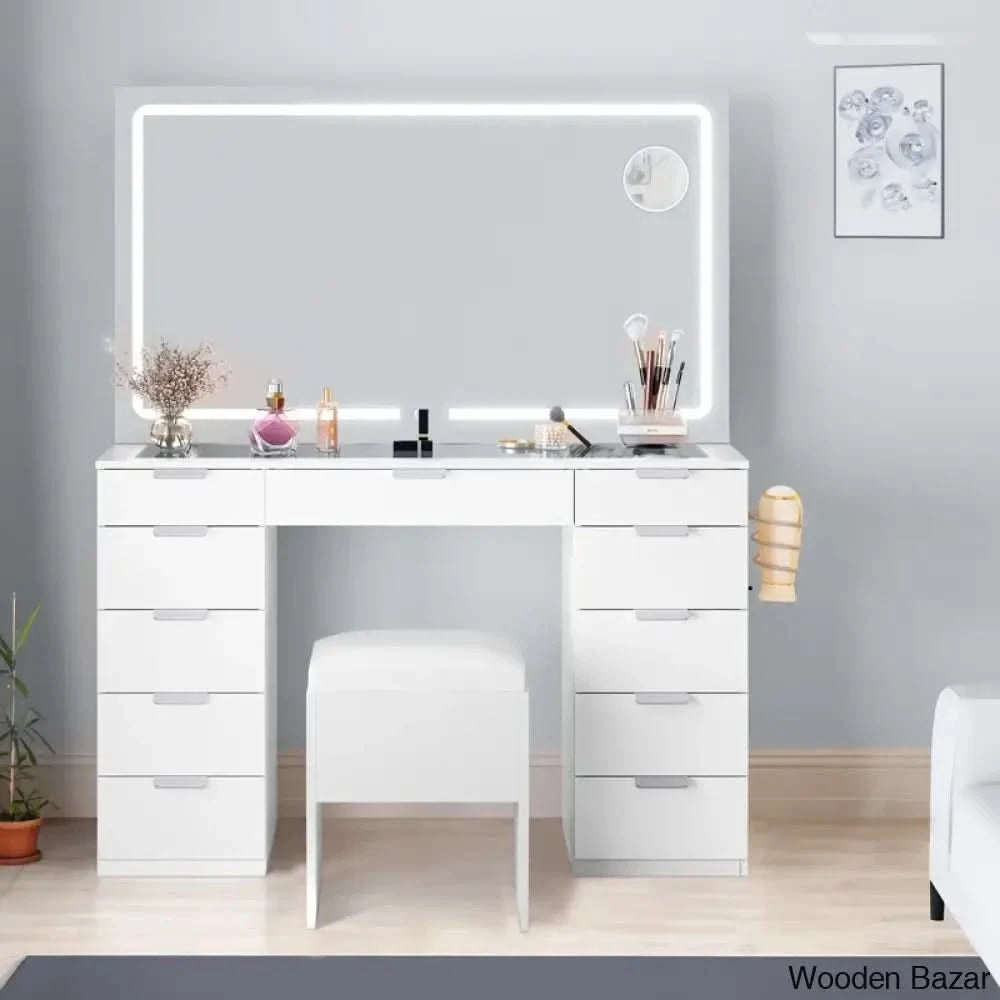 Ramayo Vanity Dressing Table Mirror With Led Light 11 Drawers And Hairdryer Holder Stool White