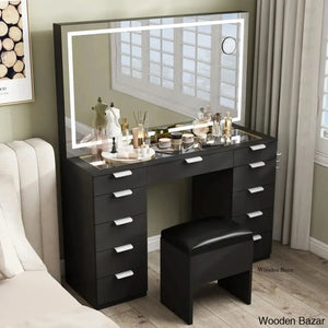 Ramayo Vanity Dressing Table Mirror With Led Light 11 Drawers And Hairdryer Holder Stool Black