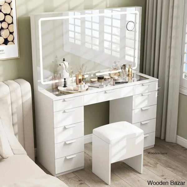 Ramayo Vanity dressing table Mirror with LED Light with 11 Drawers and