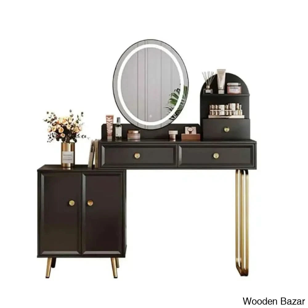 Raniya Vanity Dressing Table With Lighted Mirror And Stool Black