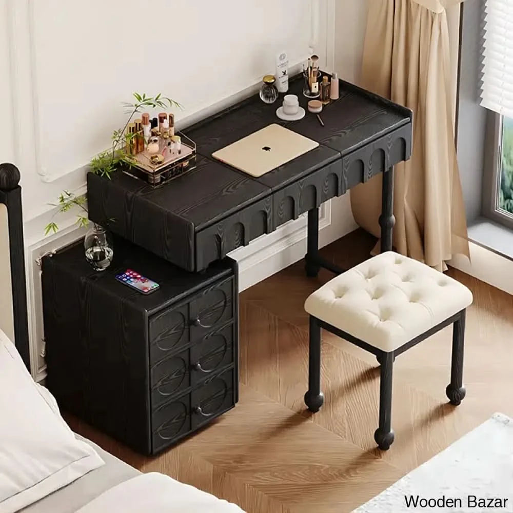 Retro Black Flap-Top Vanity Dressing Table With Mirror And Stool Set