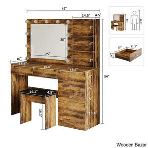 Reyhana 6 Drawers Vanity Dressing Table With Lighted Mirror And Stool Outlets
