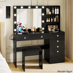 Reyhana 6 Drawers Vanity Dressing Table With Lighted Mirror And Stool Outlets