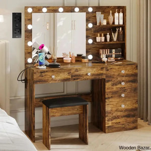 Reyhana 6 Drawers Vanity Dressing Table With Lighted Mirror And Stool Outlets