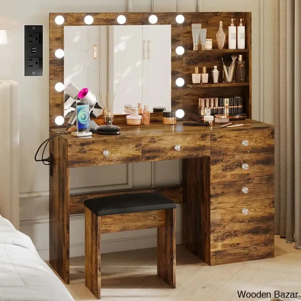 Reyhana 6 Drawers Vanity Dressing Table With Lighted Mirror And Stool Outlets