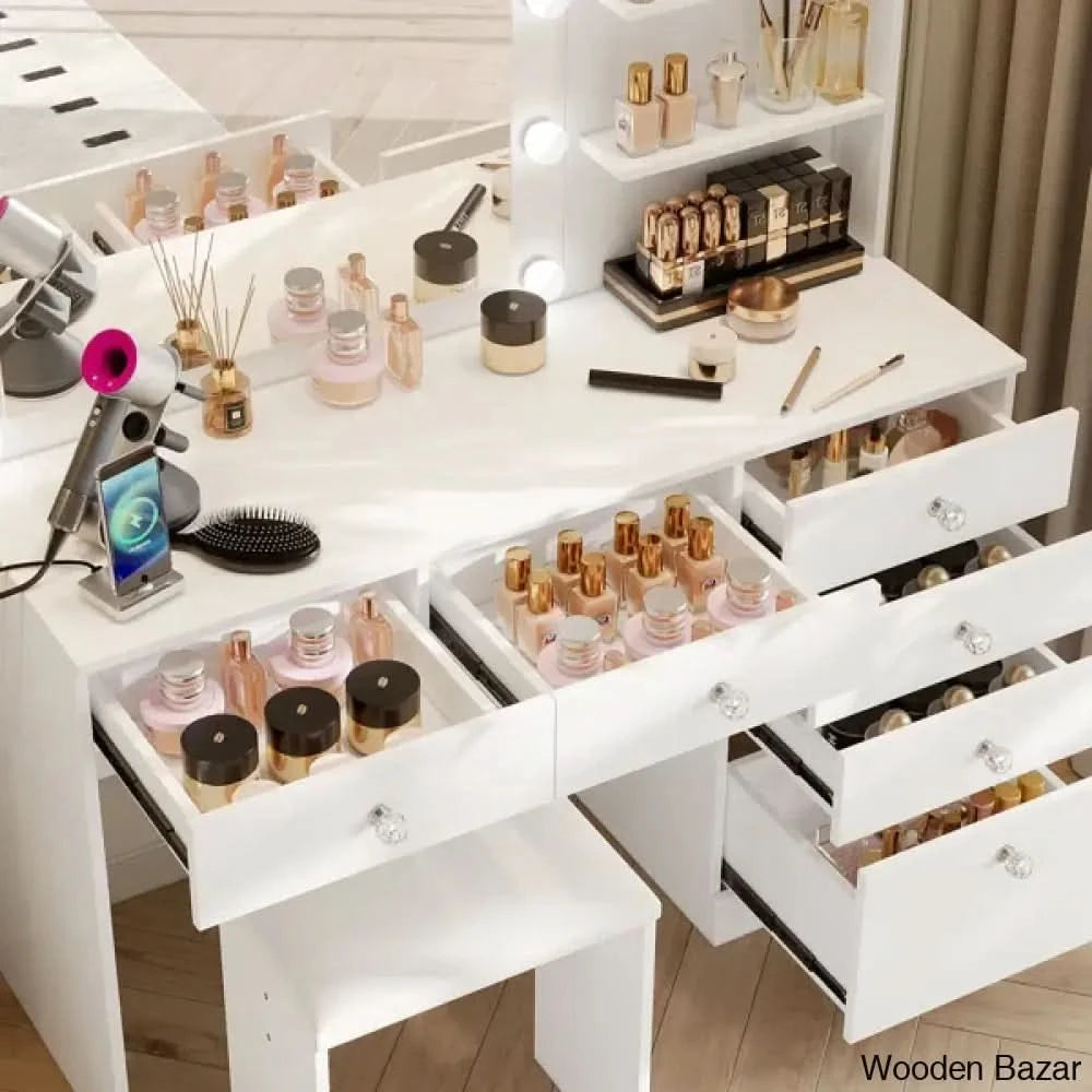 Reyhana 6 Drawers Vanity Dressing Table With Lighted Mirror And Stool Outlets White