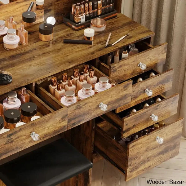 Reyhana 6 Drawers Vanity Dressing Table With Lighted Mirror And Stool Outlets