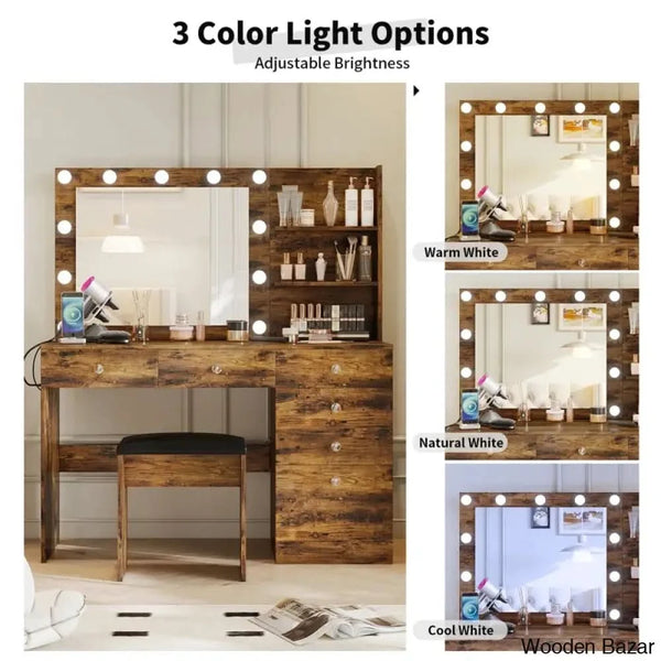 Reyhana 6 Drawers Vanity Dressing Table With Lighted Mirror And Stool Outlets