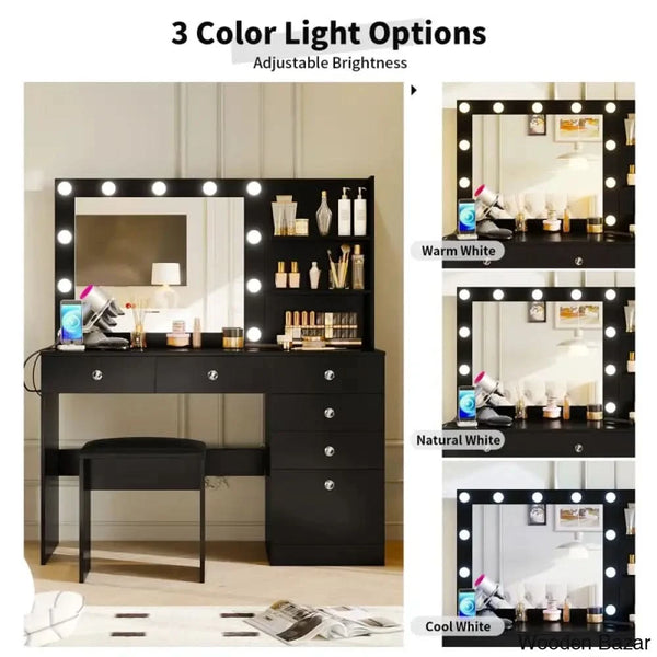 Reyhana 6 Drawers Vanity Dressing Table With Lighted Mirror And Stool Outlets