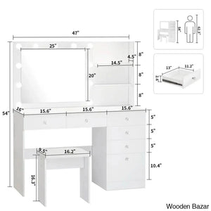 Reyhana 6 Drawers Vanity Dressing Table With Lighted Mirror And Stool Outlets