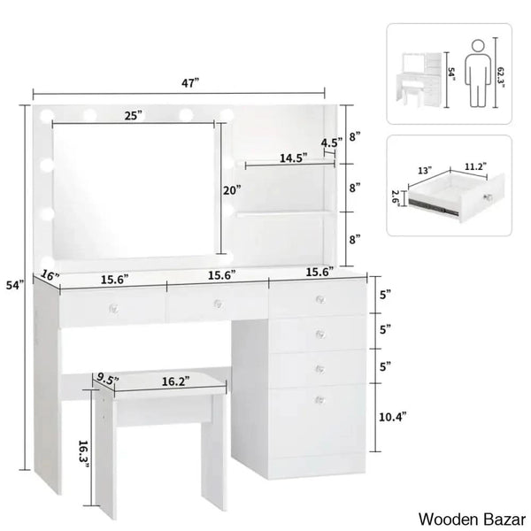 Reyhana 6 Drawers Vanity Dressing Table With Lighted Mirror And Stool Outlets