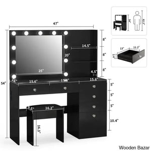 Reyhana 6 Drawers Vanity Dressing Table With Lighted Mirror And Stool Outlets