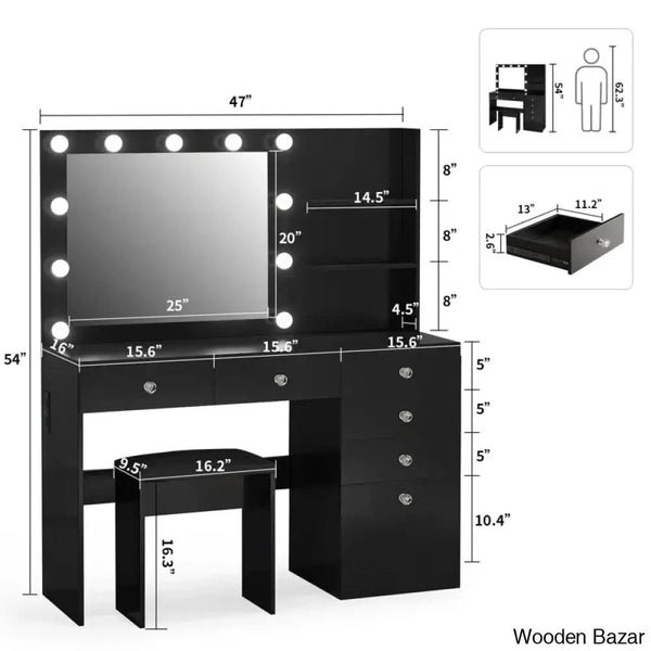Reyhana 6 Drawers Vanity Dressing Table With Lighted Mirror And Stool Outlets
