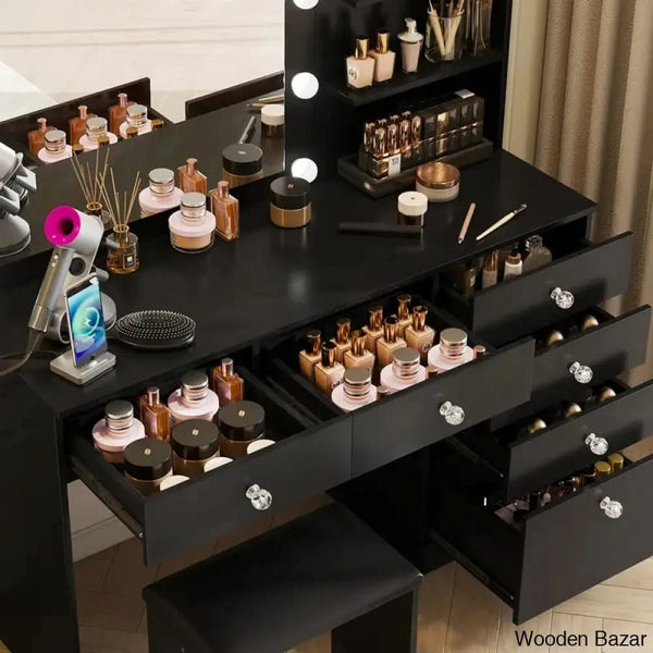 Reyhana 6 Drawers Vanity Dressing Table With Lighted Mirror And Stool Outlets
