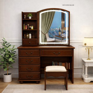 Vanity  Dressing Table with Stool and Mirror - Wooden Bazar