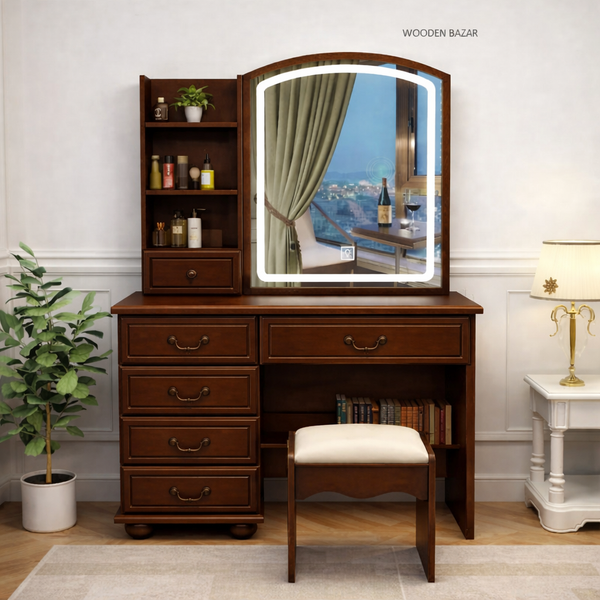 Vanity  Dressing Table with Stool and Mirror - Wooden Bazar