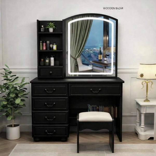 Vanity  Dressing Table with Stool and Mirror - Wooden Bazar