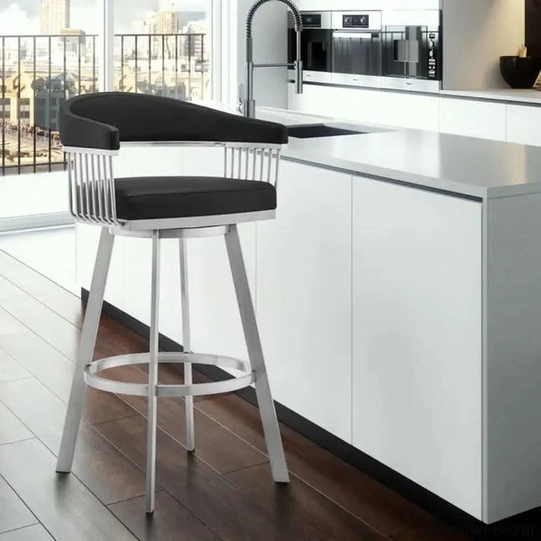 Robinetto Swivel Counter And Bar Height Stool With Arms Footrest In Faux Leather Metal Brushed