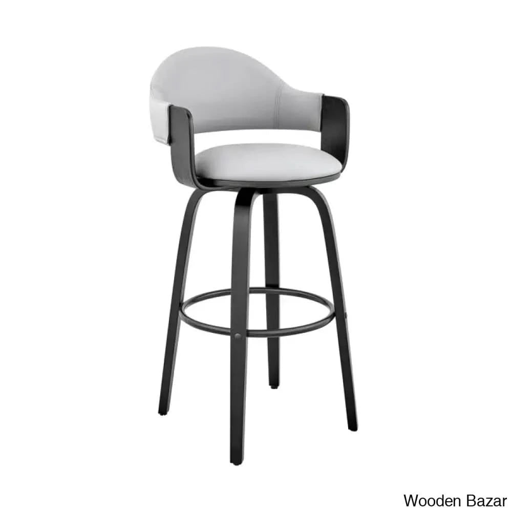 Romarino Swivel Counter Or Bar Height Stool With Arms And Footrest In Faux Leather Wood Black /
