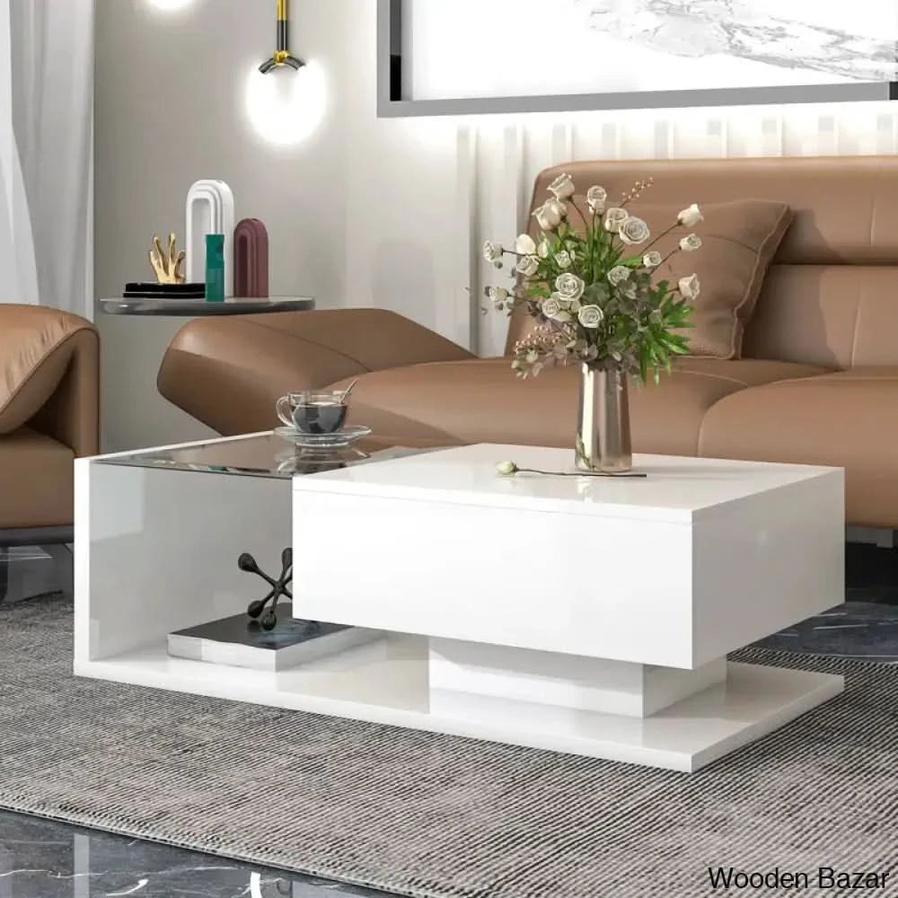 Rondellea Coffee And Center Table With Storage Modern Tempered Glass White