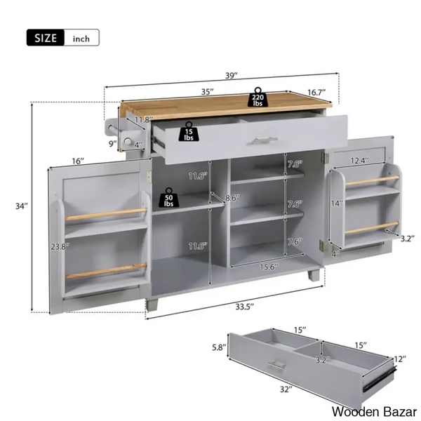 Ronzel 35’’W Rolling Kitchen Trolley Cart Cabinet Kitchen Island With Storage Solid Wood Drop