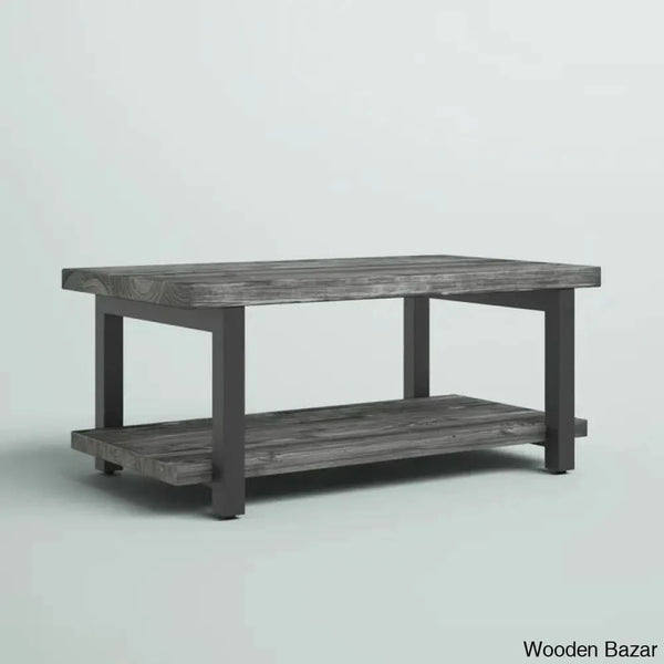 Rundell 42’’ Rustic Industrial Solid Wood And Metal Rectangular Coffee Table With Storage Shelf