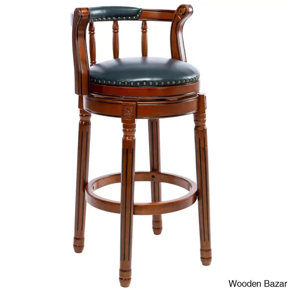 Seelamu Genuine Leather Swivel Wooden Counter And Bar Stool Blue Leather/ Brown Frame / (29’’