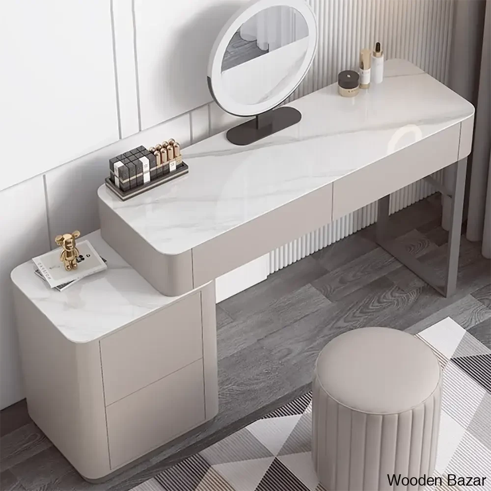 Solid Wood Makeup Vanity Dressing Table With Lighted Mirror And Stool Faux Leather Set