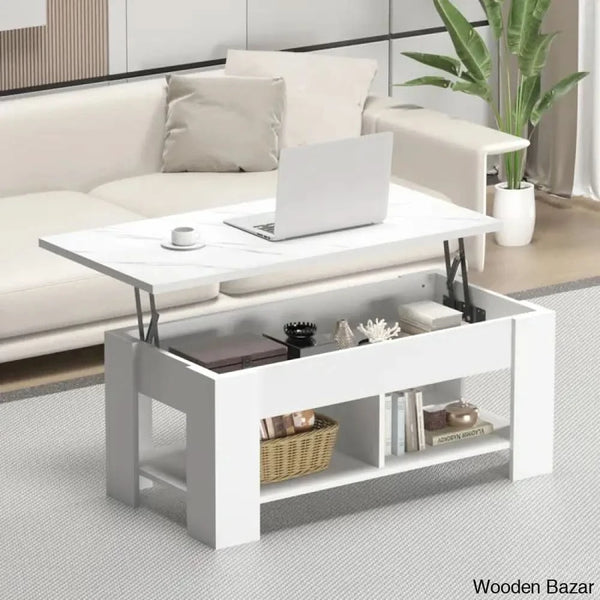 Sparta Black Lift Top Extendable Coffee And Center Table With Storage White Marble