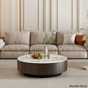Sumoo 35.5’’ Wood Brown Round Coffee Table Faux Marble Table-Top And Center Table