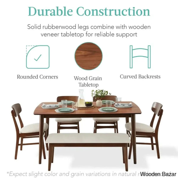 Tessie Stylish 6 Seater Dining Table Set In Wooden