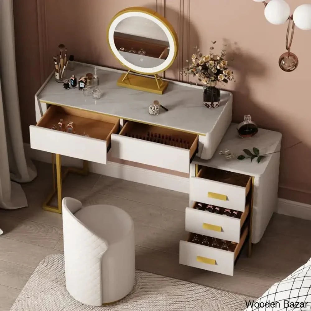 Trignes Vanity Dressing Table With Mirror Lights And Stool